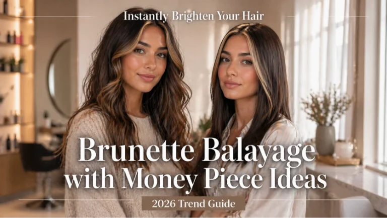 Brunette balayage with money piece highlighting face-framing strands for a bright, dimensional modern hair look