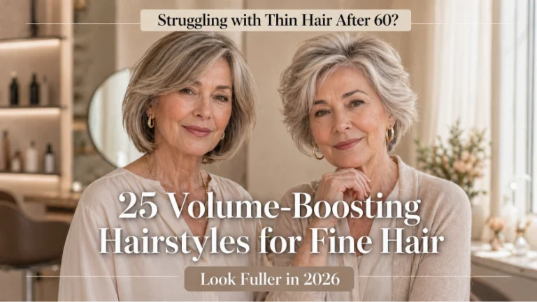 Hairstyles for women over 60 with thin fine hair showing layered bobs, pixie cuts, and volume-boosting styles for a fuller, youthful look