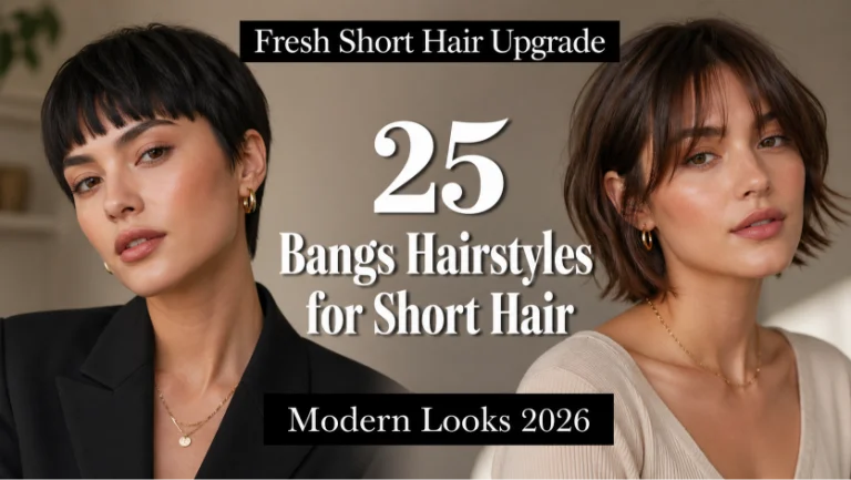 25 bangs hairstyles for short hair showcasing different fringe styles on pixie cuts and bobs for various face shapes and hair textures