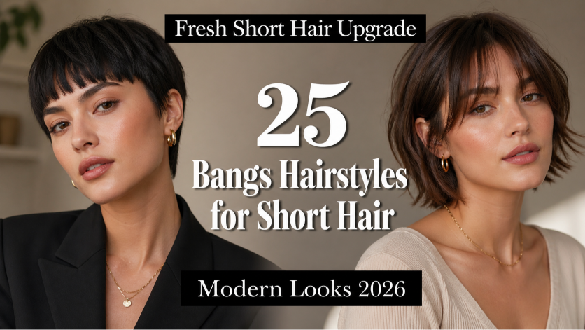 25 bangs hairstyles for short hair showcasing different fringe styles on pixie cuts and bobs for various face shapes and hair textures