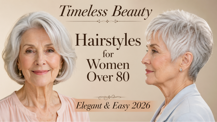 Elegant short and layered hairstyles for women over 80 showcasing soft volume, natural gray hair, and easy-to-maintain flattering cuts
