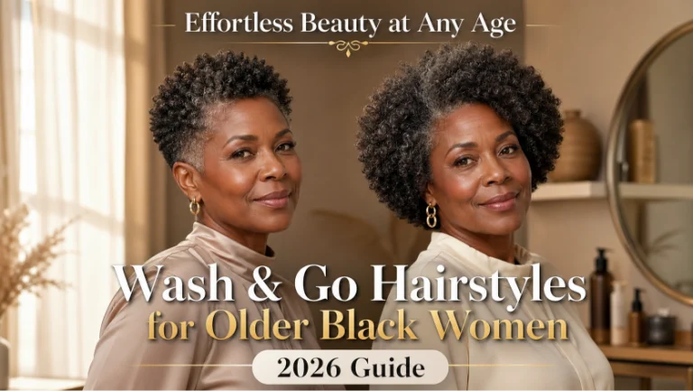 Confident older Black woman with natural gray curls in a stylish wash-and-go hairstyle, showcasing low-maintenance beauty and elegance