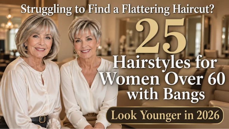 Hairstyles for women over 60 with bangs featuring layered bobs, pixie cuts, and soft fringes that flatter mature faces and fine hair