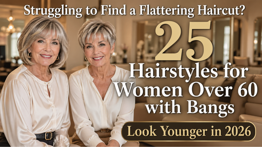 Hairstyles for women over 60 with bangs featuring layered bobs, pixie cuts, and soft fringes that flatter mature faces and fine hair