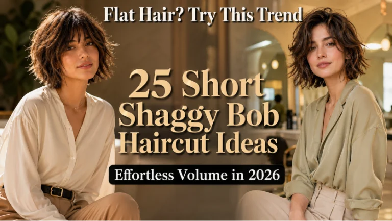 Short shaggy bob haircut with textured layers and effortless volume for modern women