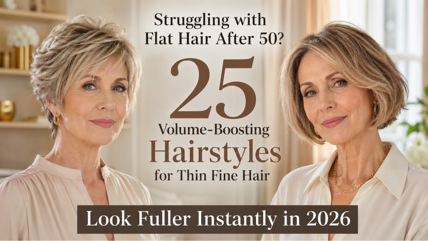 Hairstyles for women over 50 with thin fine hair showing layered bobs and pixie cuts that add volume and fullness