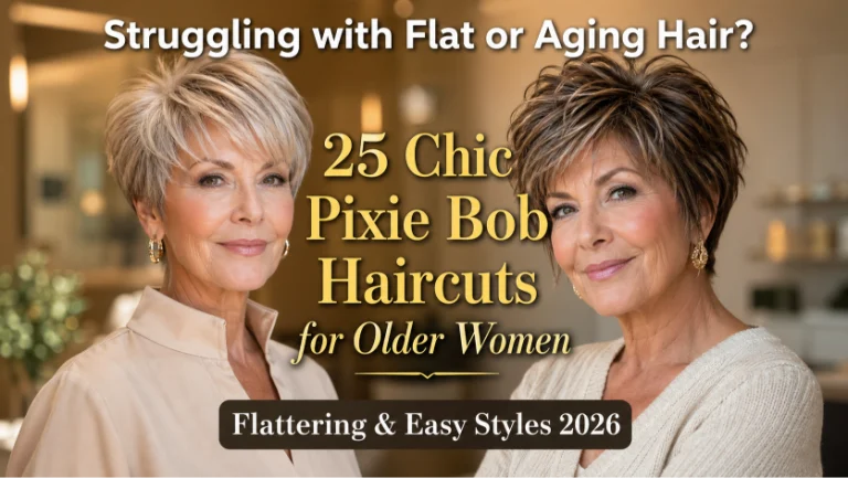 Elegant older woman (age 60+) with natural wrinkles and soft features showcasing a chic pixie bob haircut,