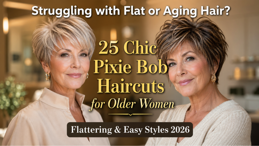 Elegant older woman (age 60+) with natural wrinkles and soft features showcasing a chic pixie bob haircut,