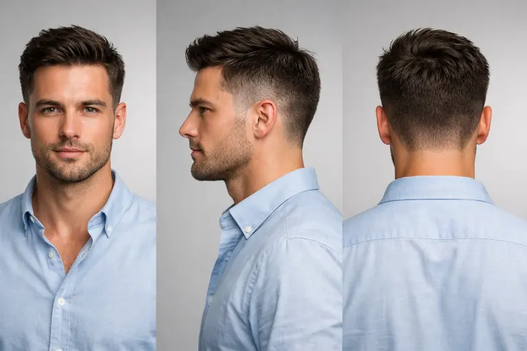 clean mid drop taper fade haircut with natural blend around the ear and neckline, styled top showing modern versatile men’s hairstyle