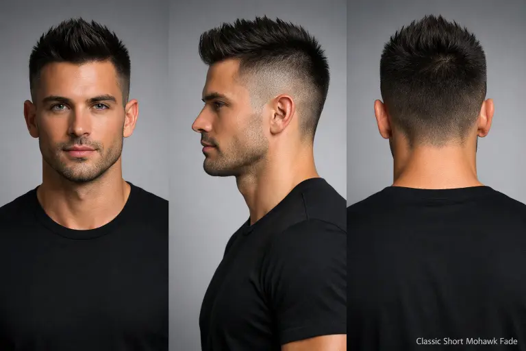 collection of short mohawk haircuts for men showing different fades, textures, and modern styling variations