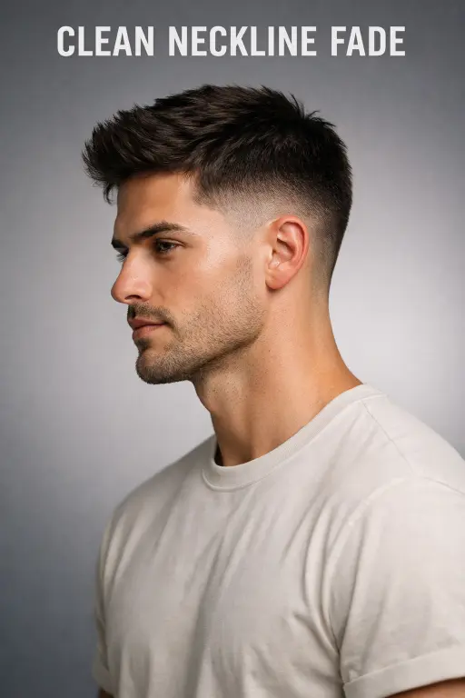 clean mid drop taper fade haircut with natural blend around the ear and neckline, styled top showing modern versatile men’s hairstyle