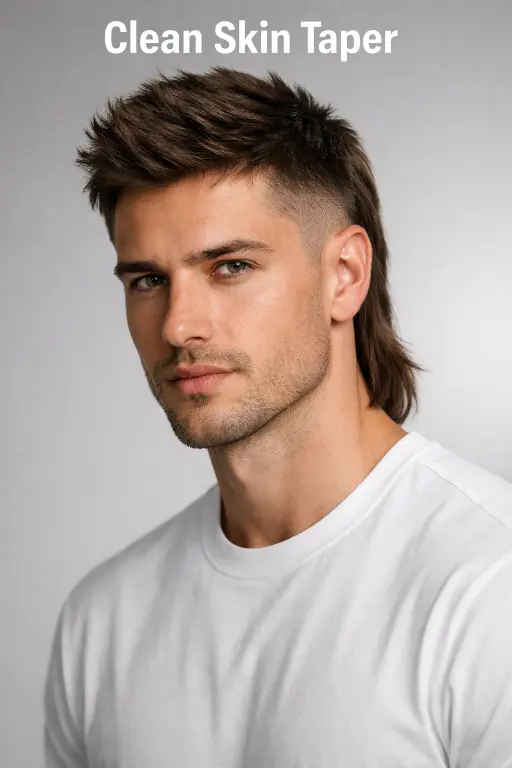 modern low taper mullet hairstyle with clean tapered sides and longer textured back on straight hair