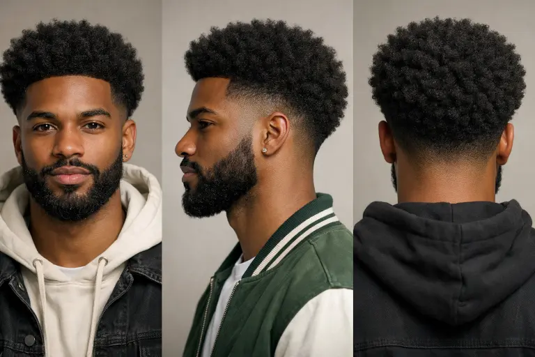 clean taper fade with beard on thick hair, smooth blend from sides into a full groomed beard, modern and sharp men’s hairstyle