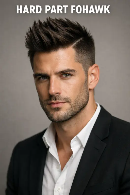 Collection of faux hawk haircuts for men showing different lengths, fades, and textures with volume styled through the center