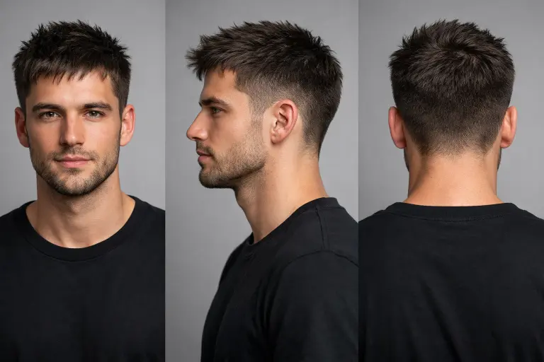 man with low taper fade messy top hairstyle featuring textured medium-length hair and clean tapered sides