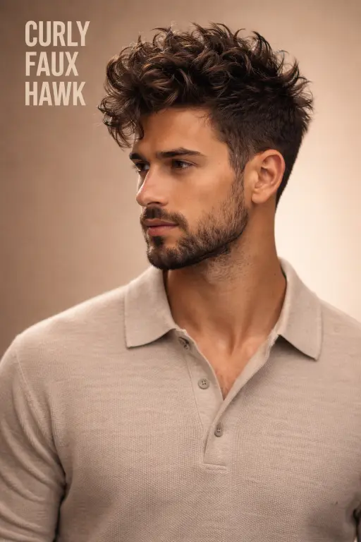 Collection of faux hawk haircuts for men showing different lengths, fades, and textures with volume styled through the center