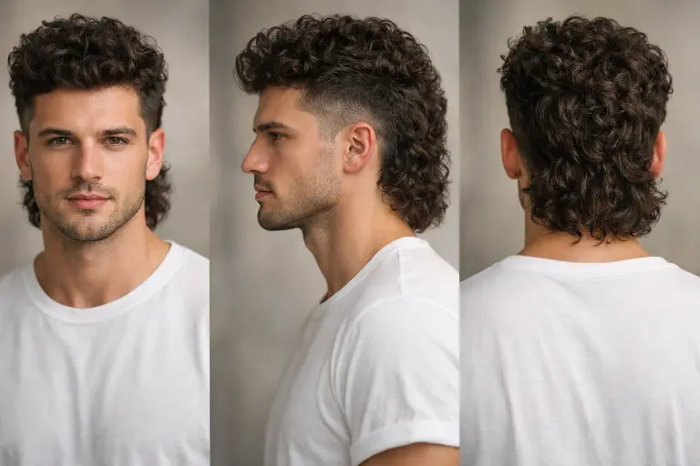 different curly mullet haircuts for men showing fade, taper, and textured styles with natural curls and varied lengths