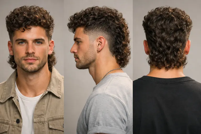 different curly mullet haircuts for men showing fade, taper, and textured styles with natural curls and varied lengths