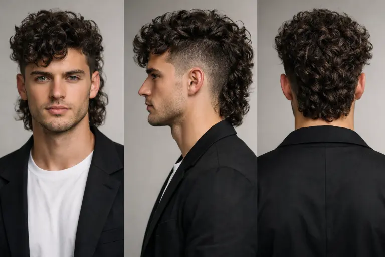 different curly mullet haircuts for men showing fade, taper, and textured styles with natural curls and varied lengths