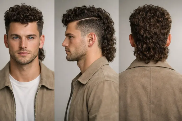 different curly mullet haircuts for men showing fade, taper, and textured styles with natural curls and varied lengths