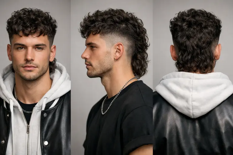 different curly mullet haircuts for men showing fade, taper, and textured styles with natural curls and varied lengths