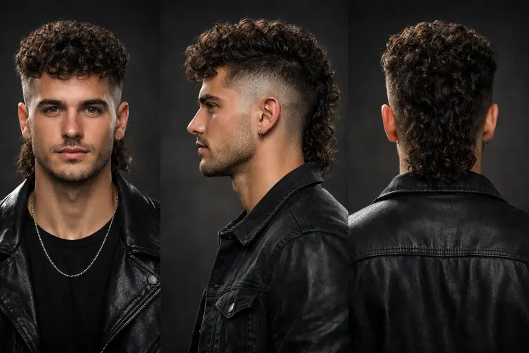 different curly mullet haircuts for men showing fade, taper, and textured styles with natural curls and varied lengths