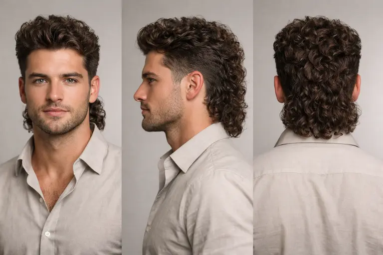 different curly mullet haircuts for men showing fade, taper, and textured styles with natural curls and varied lengths