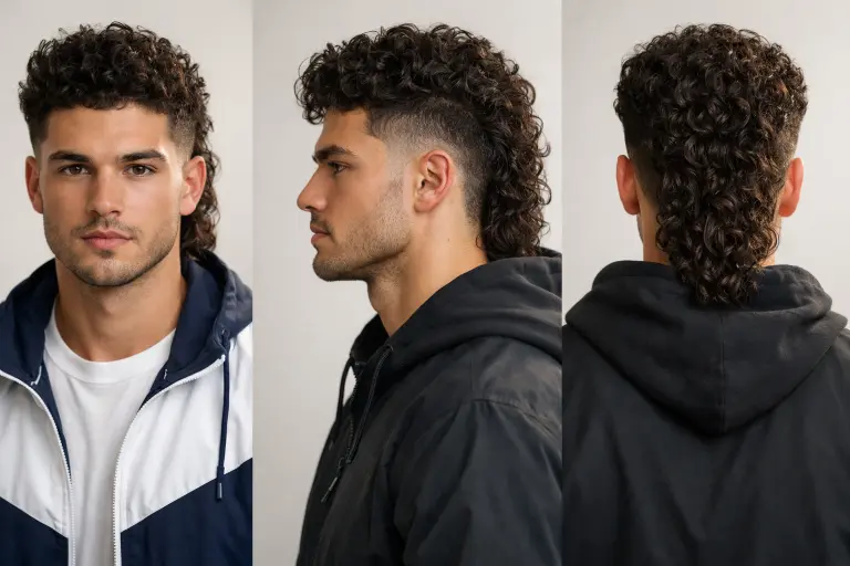 different curly mullet haircuts for men showing fade, taper, and textured styles with natural curls and varied lengths