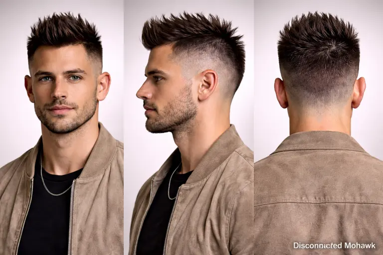 collection of short mohawk haircuts for men showing different fades, textures, and modern styling variations