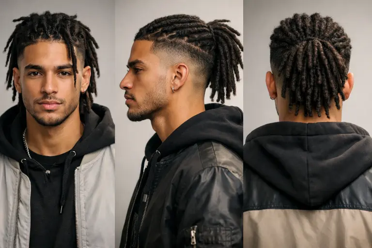 High taper fade long hairstyles for men featuring clean faded sides with long textured hair on top styled in different modern looks