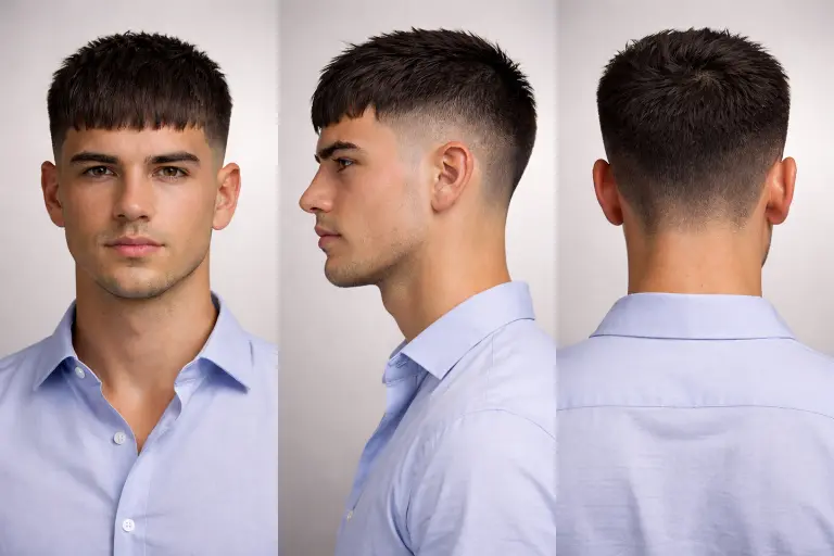 different Edgar haircuts for men showing fade variations, textured tops, and blunt fringe styles on various hair types