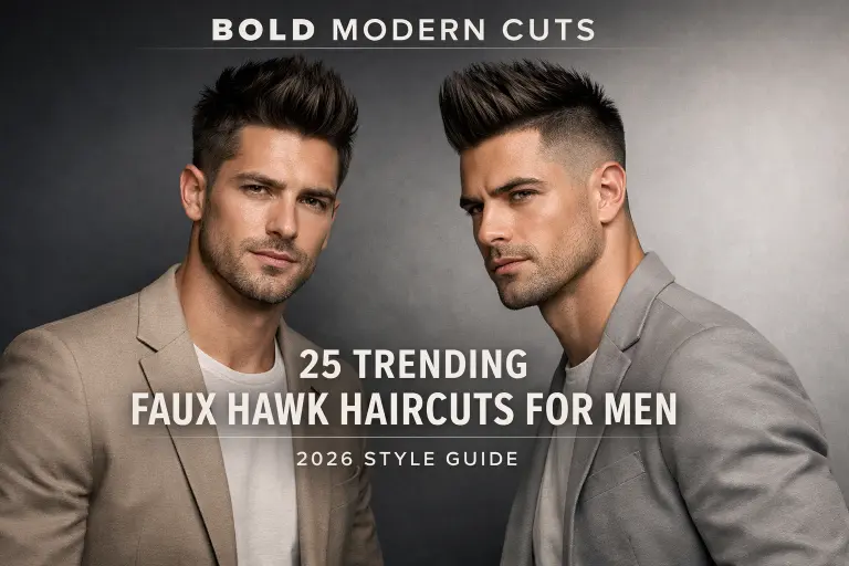 Collection of faux hawk haircuts for men showing different lengths, fades, and textures with volume styled through the center