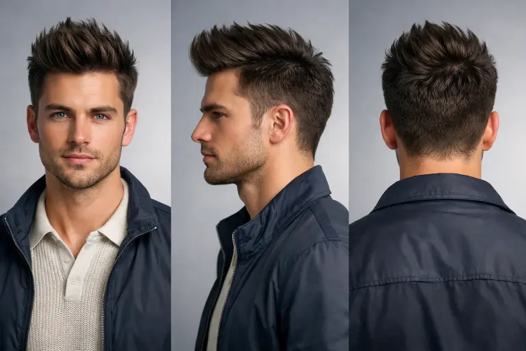 Collection of faux hawk haircuts for men showing different lengths, fades, and textures with volume styled through the center