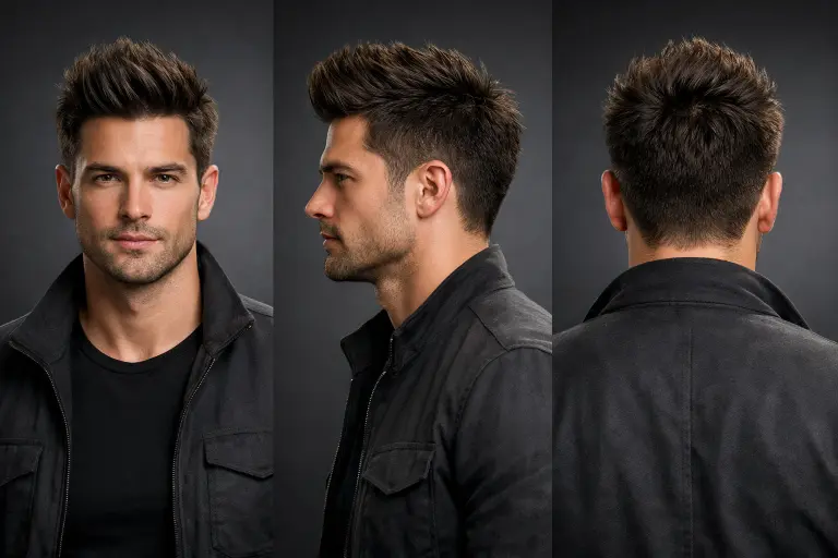 Collection of faux hawk haircuts for men showing different lengths, fades, and textures with volume styled through the center
