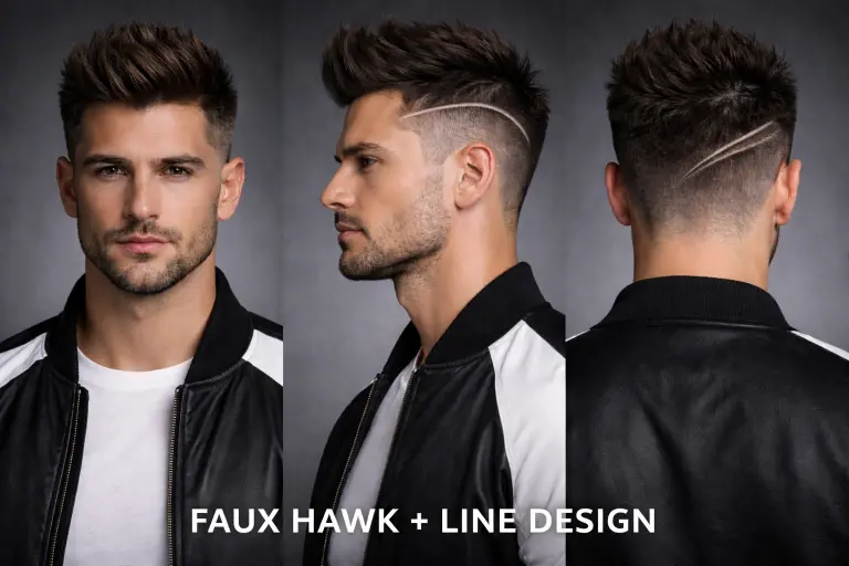 Collection of faux hawk haircuts for men showing different lengths, fades, and textures with volume styled through the center