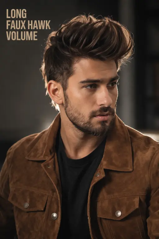 Collection of faux hawk haircuts for men showing different lengths, fades, and textures with volume styled through the center