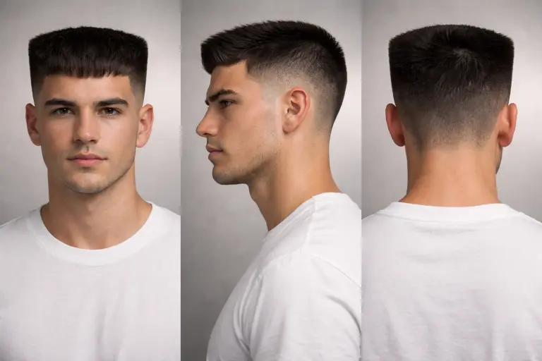 different Edgar haircuts for men showing fade variations, textured tops, and blunt fringe styles on various hair types