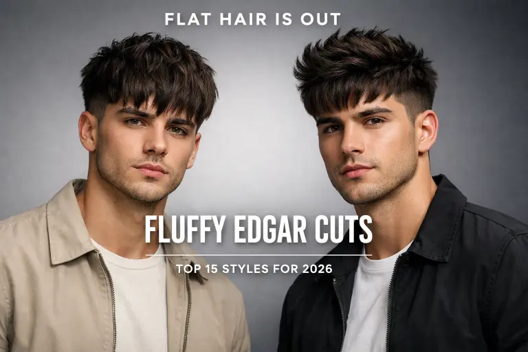 classic fluffy Edgar cut ideas with straight fringe, layered top, and mid fade on thick straight hair