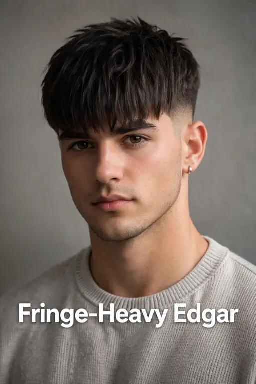 different Edgar haircuts for men showing fade variations, textured tops, and blunt fringe styles on various hair types
