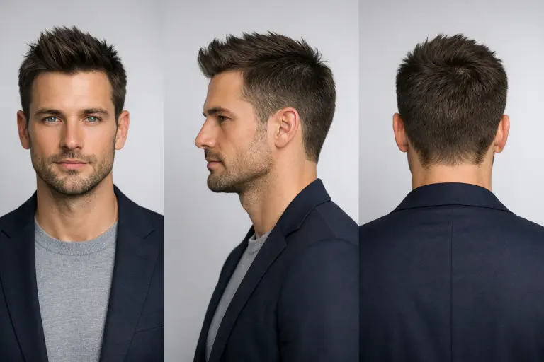 Collection of faux hawk haircuts for men showing different lengths, fades, and textures with volume styled through the center