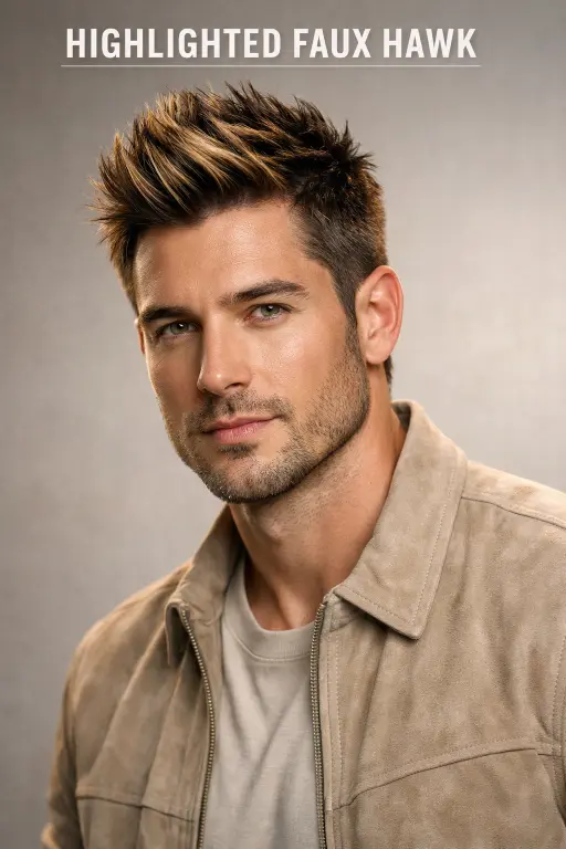 Collection of faux hawk haircuts for men showing different lengths, fades, and textures with volume styled through the center