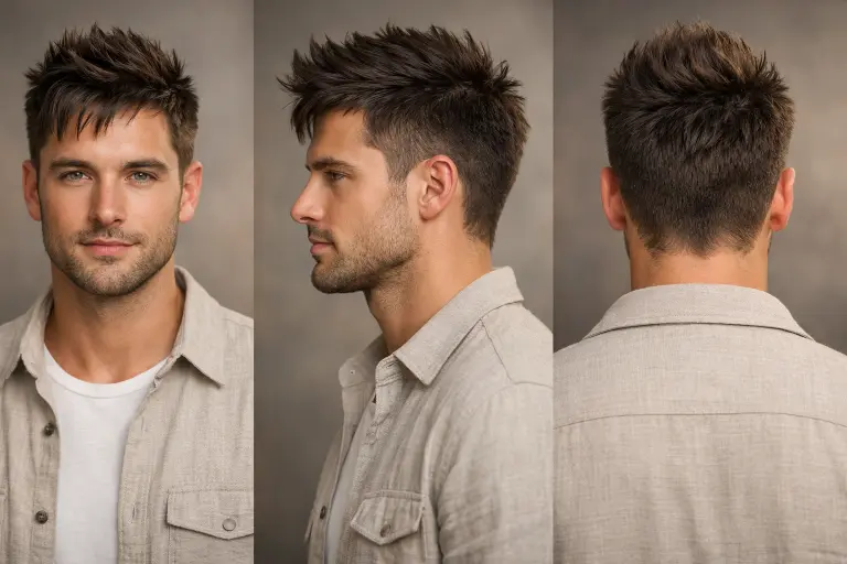 Collection of faux hawk haircuts for men showing different lengths, fades, and textures with volume styled through the center