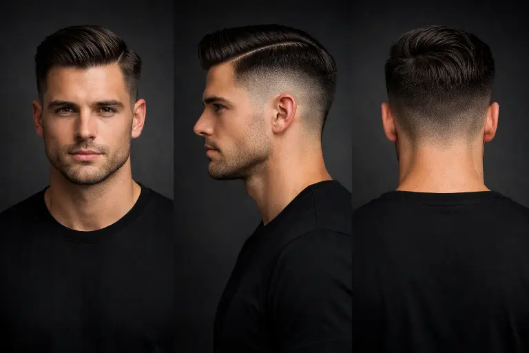 : A variety of side part haircuts for men featuring fades, undercuts, and textured styles on different hair types and lengths