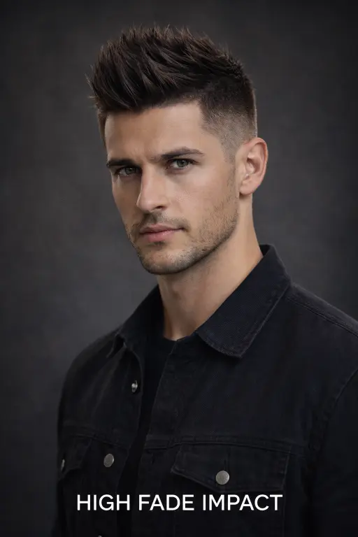 Collection of faux hawk haircuts for men showing different lengths, fades, and textures with volume styled through the center