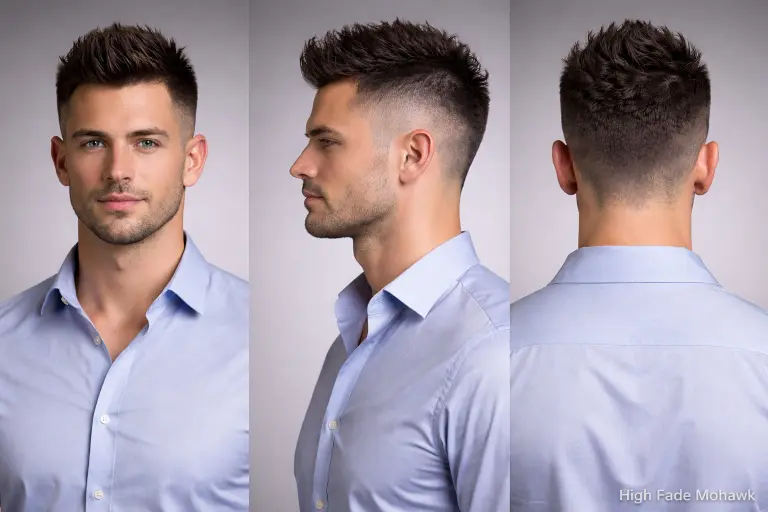 collection of short mohawk haircuts for men showing different fades, textures, and modern styling variations