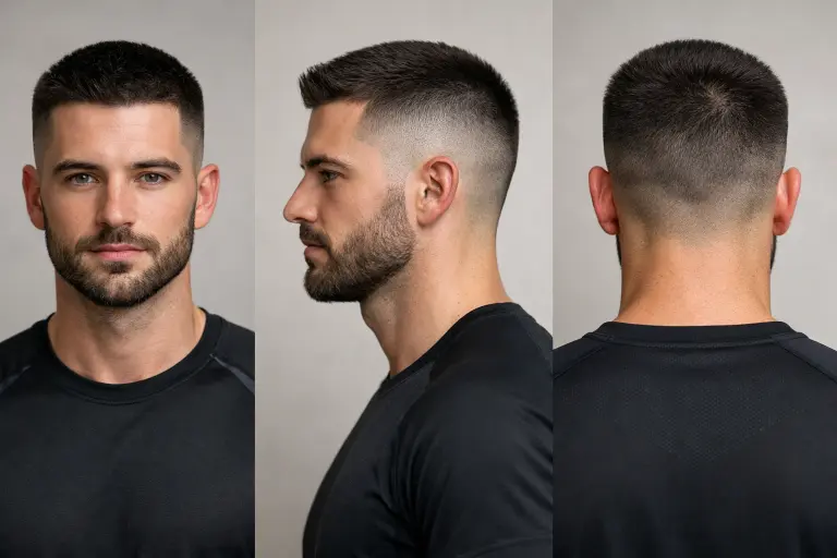 clean taper fade with beard on thick hair, smooth blend from sides into a full groomed beard, modern and sharp men’s hairstyle