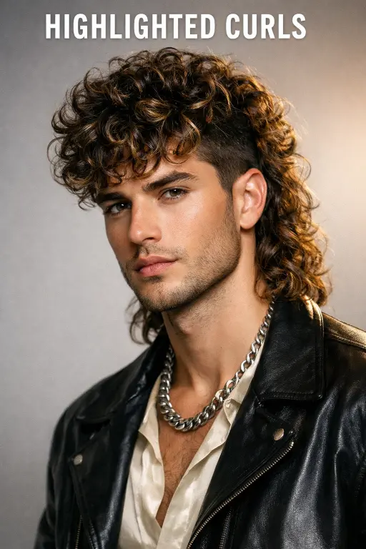 different curly mullet haircuts for men showing fade, taper, and textured styles with natural curls and varied lengths