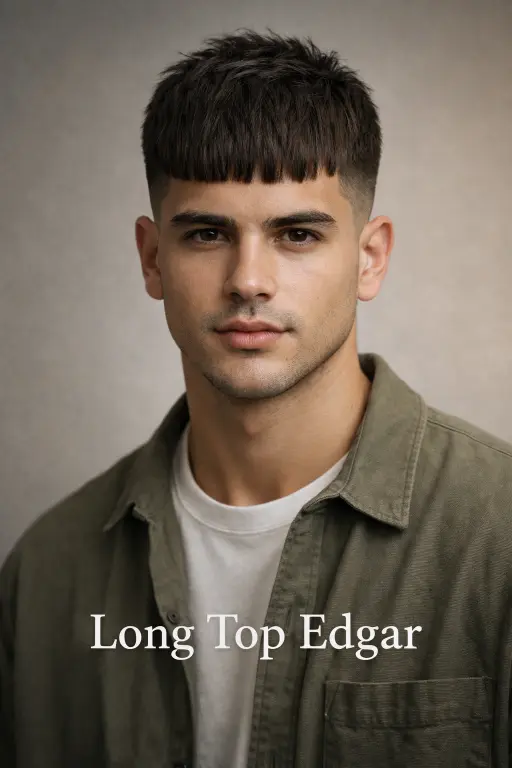 different Edgar haircuts for men showing fade variations, textured tops, and blunt fringe styles on various hair types