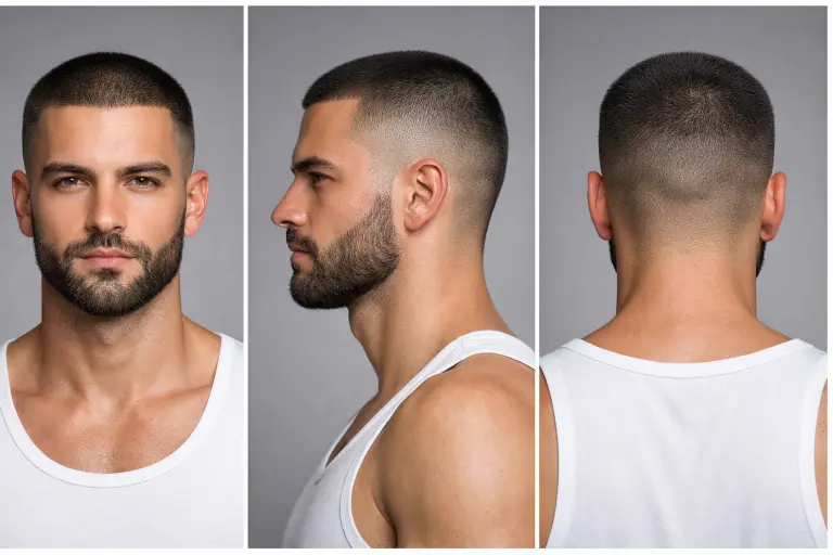 clean taper fade with beard on thick hair, smooth blend from sides into a full groomed beard, modern and sharp men’s hairstyle