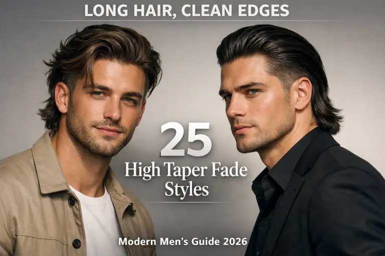 High taper fade long hairstyles for men featuring clean faded sides with long textured hair on top styled in different modern looks